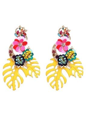 Zara Rio Tropical Monstera Yellow Leaves Drop Earrings